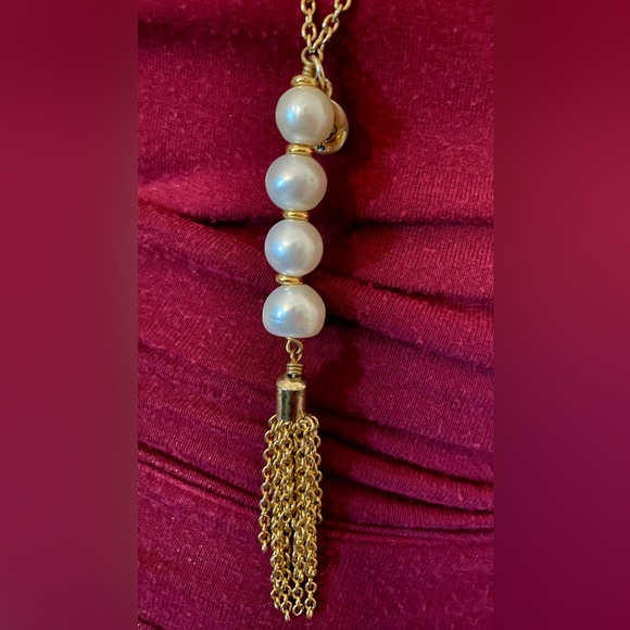 Bourbon & Bowties Necklace- Long gold chain w/ pearls at the end. NEW! Retail$40 - Picture 2 of 4